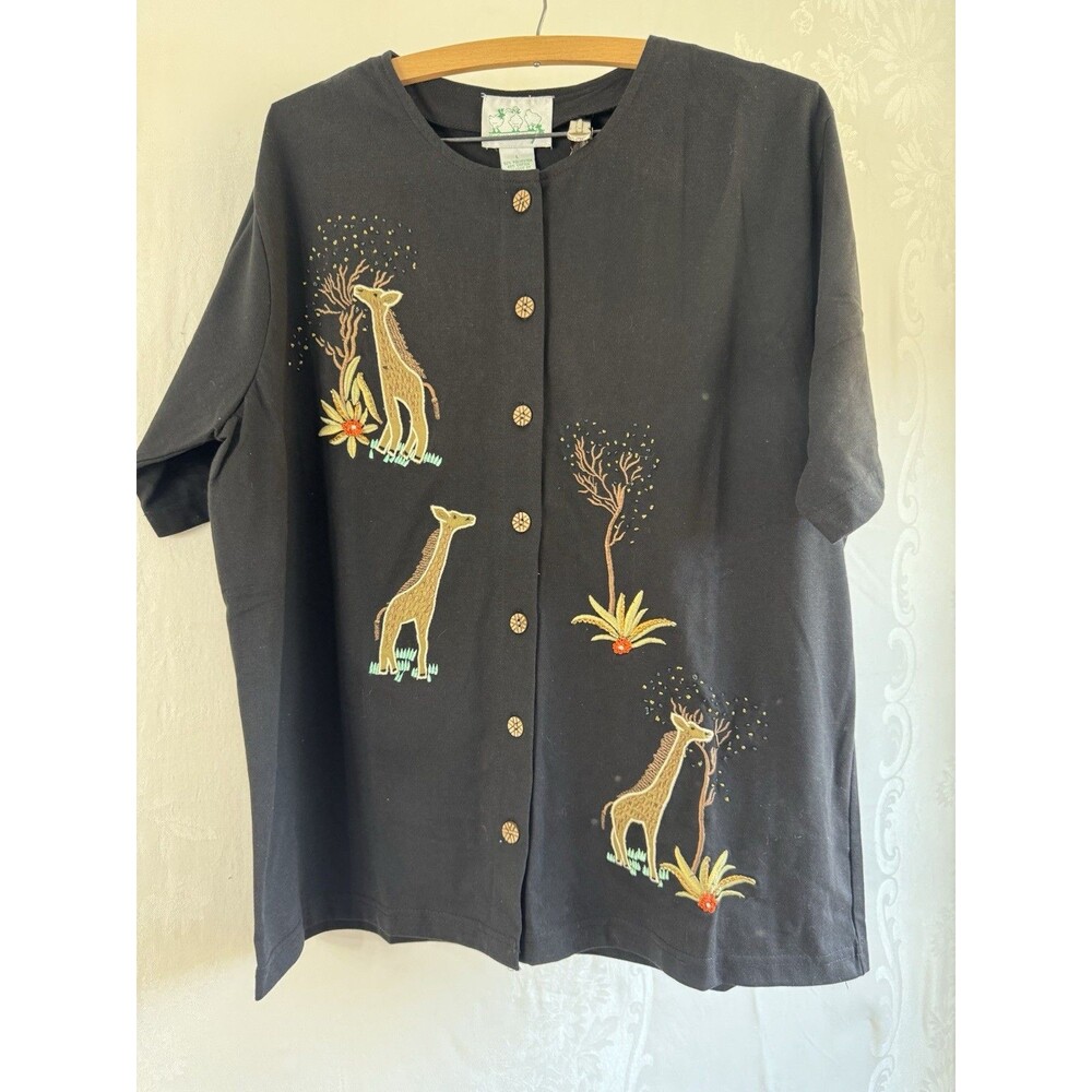 The Quacker Factory Giraffe Button Up Blouse Large NWT QVC